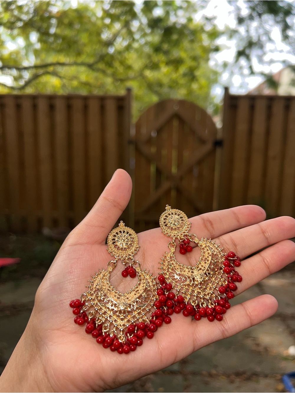 Gold and Red Chandelier Earrings - Women's Jewelry